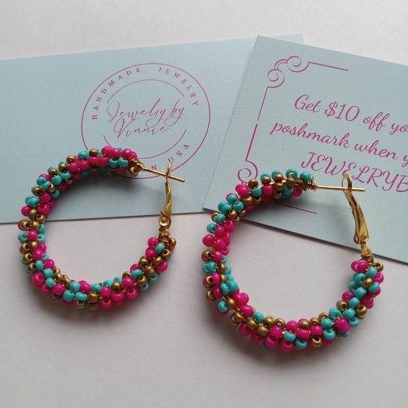 Hand Crafted Jewelry - Hand Crafted Pink and Turquoise Beaded Hoop Earrings